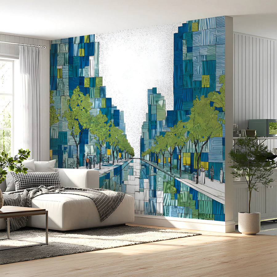 Abstract Urban Boulevard Mural Wallpaper in Blue and Lime Mural Wallpaper
