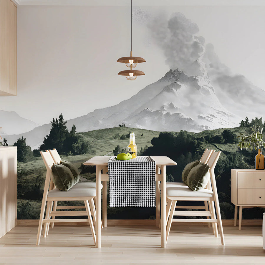 Volcanic Landscape Mural Wallpaper in Etched Style Mural Wallpaper