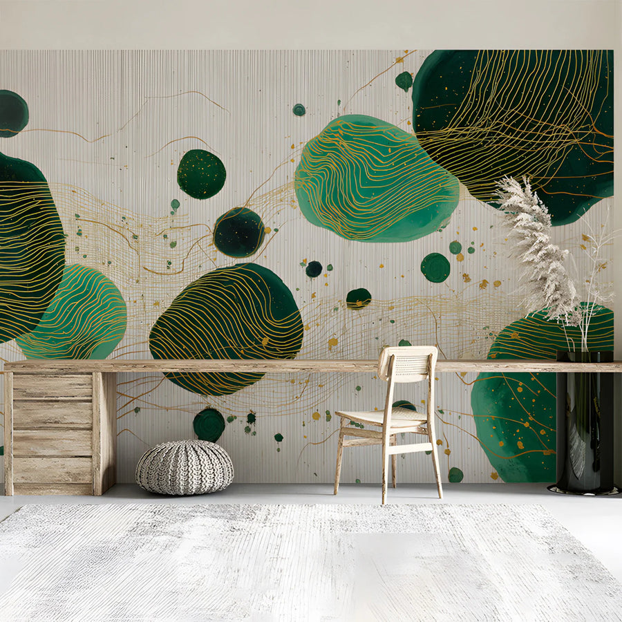 Emerald Ink Abstract Mural Wallpaper — Modern Gold Line Art Mural Wallpaper