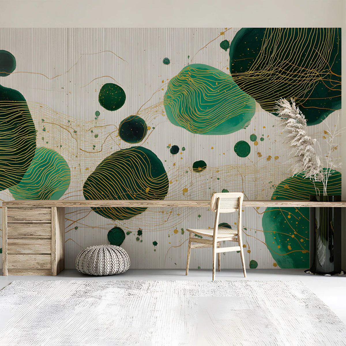 Emerald Ink Abstract Mural Wallpaper — Modern Gold Line Art Mural Wallpaper - pure wallpaper artwork