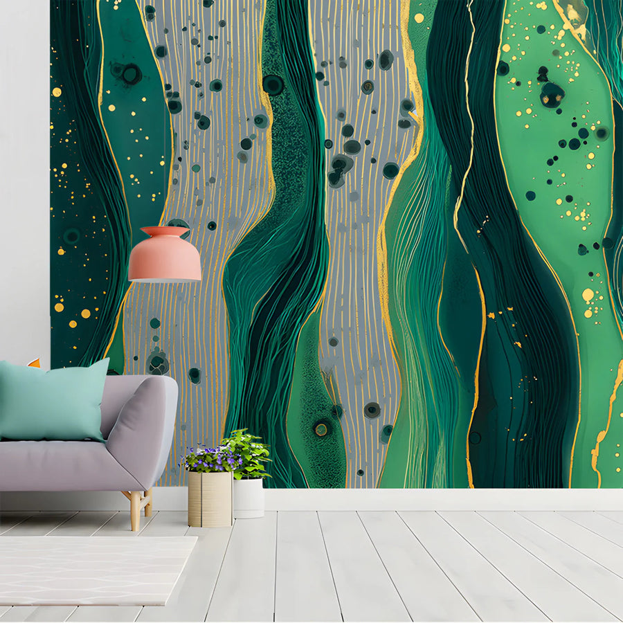 Emerald Fluid Art Mural Wallpaper with Gold Linear Accents Mural Wallpaper