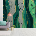 Emerald Fluid Art Mural Wallpaper with Gold Linear Accents Mural Wallpaper - pure wallpaper artwork