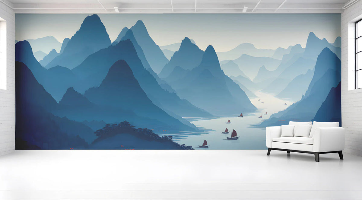 Mist-Covered Mountain River Mural Wallpaper in Indigo Blue Mural Wallpaper - pure wallpaper artwork