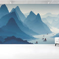 Mist-Covered Mountain River Mural Wallpaper in Indigo Blue Mural Wallpaper - pure wallpaper artwork