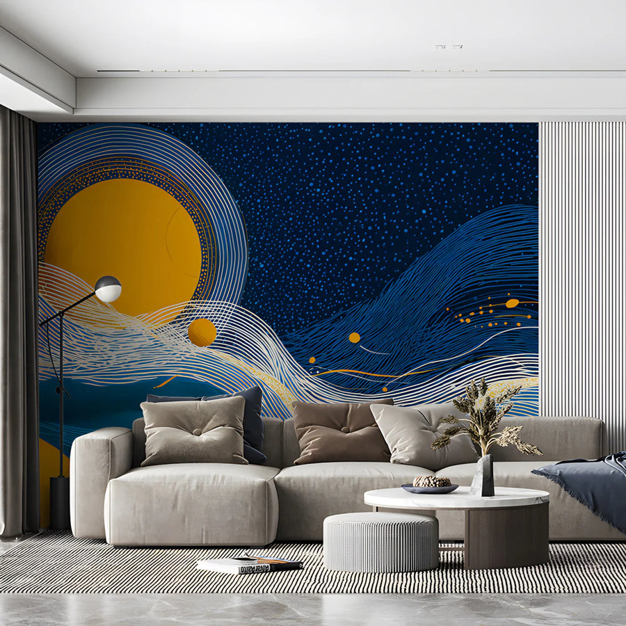 Celestial Sunset Line Art Mural Wallpaper in Navy and Ochre Mural Wallpaper