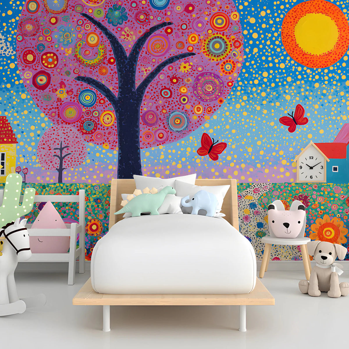 Whimsical Meadow Mural Wallpaper — Artistic Folk Art Landscape Mural Wallpaper - pure wallpaper artwork