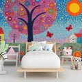 Whimsical Meadow Mural Wallpaper — Artistic Folk Art Landscape Mural Wallpaper - pure wallpaper artwork
