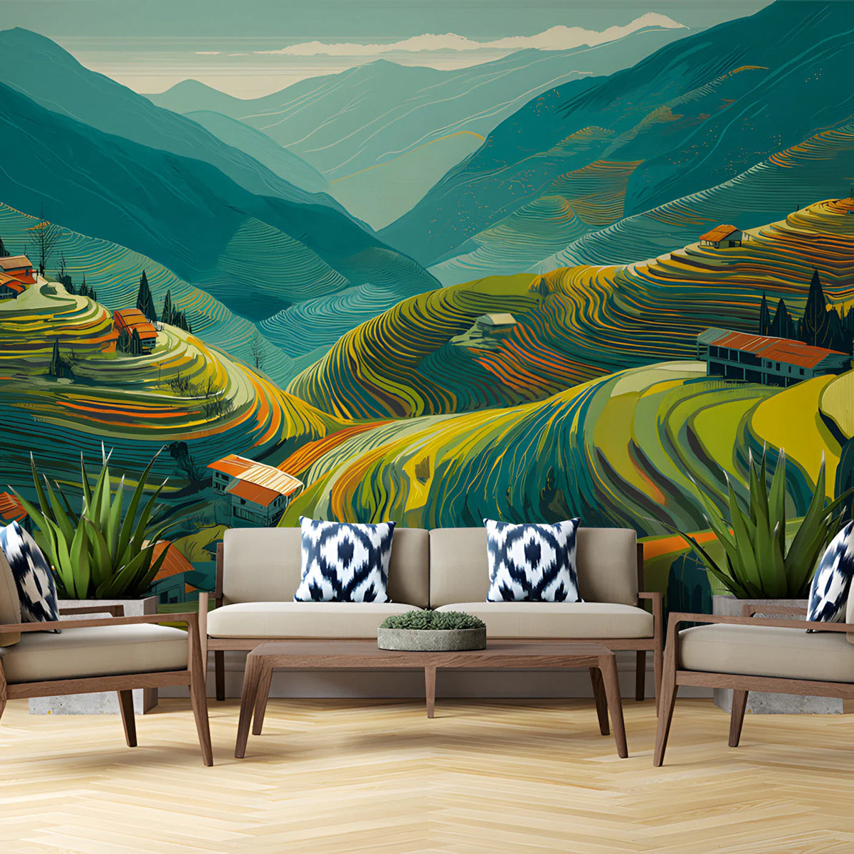 Terraced Mountain Valley Mural Wallpaper — Scenic Landscape Mural Wallpaper - pure wallpaper artwork