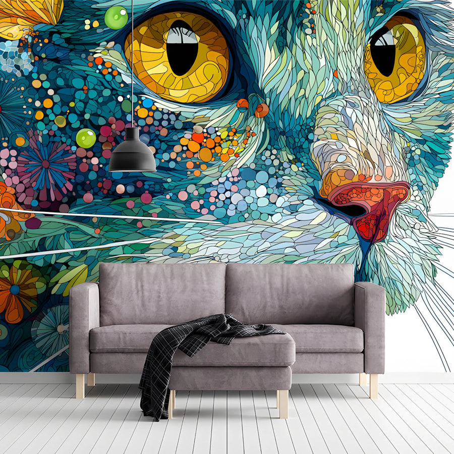 Cat Portrait Floral Mural Wallpaper — Whimsical Artistic Print Mural Wallpaper