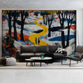 Winter Village Path Mural Wallpaper — Folk Art Landscape Mural Wallpaper - pure wallpaper artwork