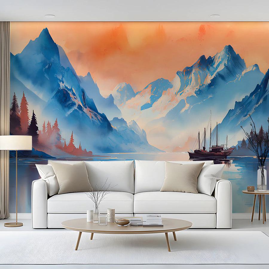 Alpenglow Mountain Lake Mural Wallpaper — Artistic Painted Landscape Mural Wallpaper