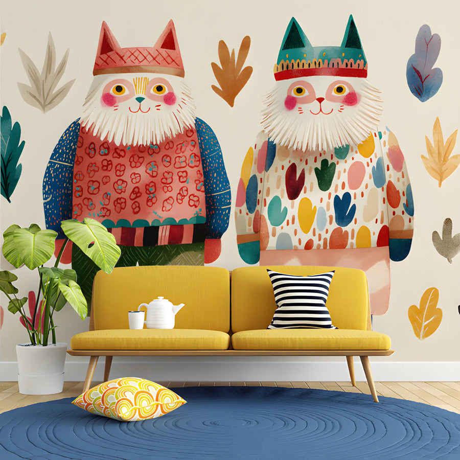 Whimsical Folk Art Cats Mural Wallpaper — Colorful Nordic Motif Mural Wallpaper