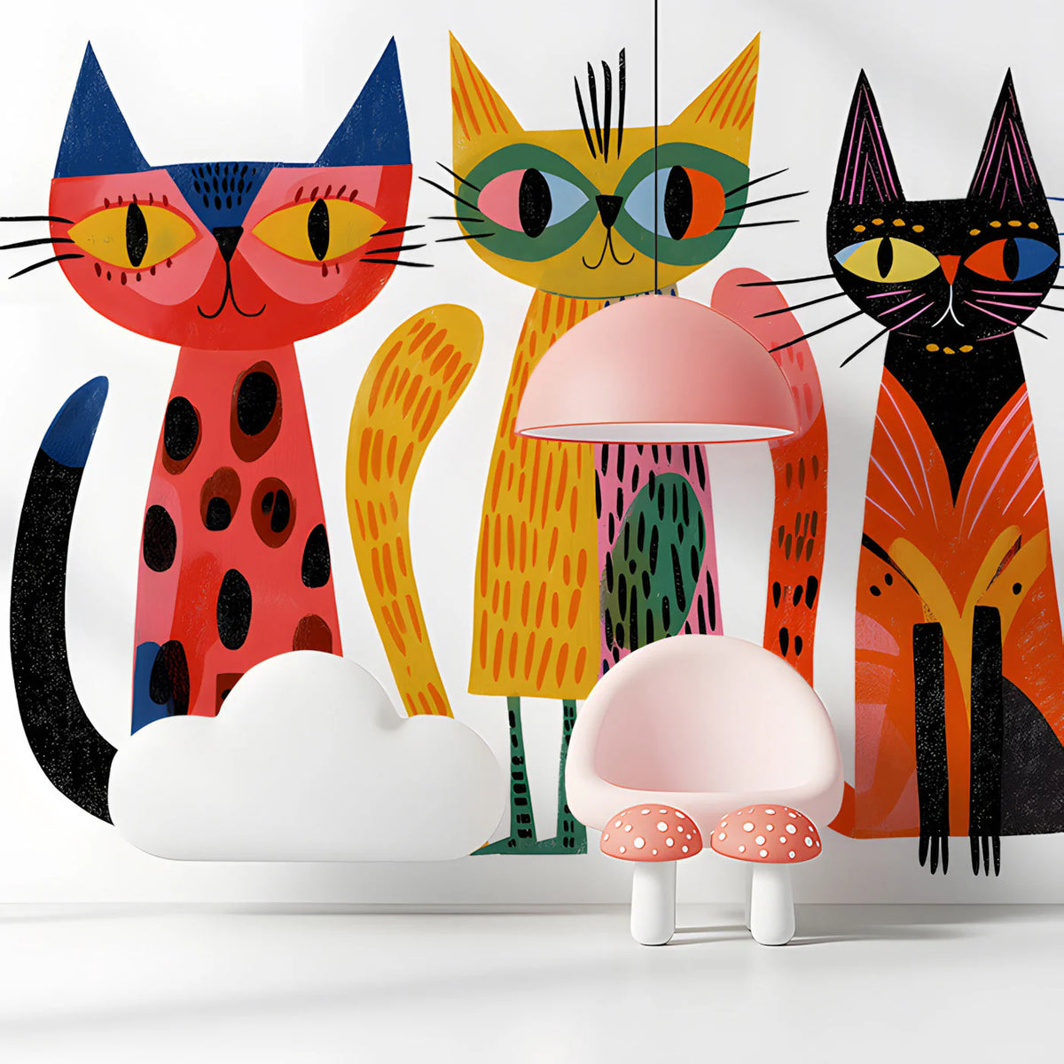 Playful Folk Art Cats Mural Wallpaper — Colorful Whimsical Design Mural Wallpaper - pure wallpaper artwork