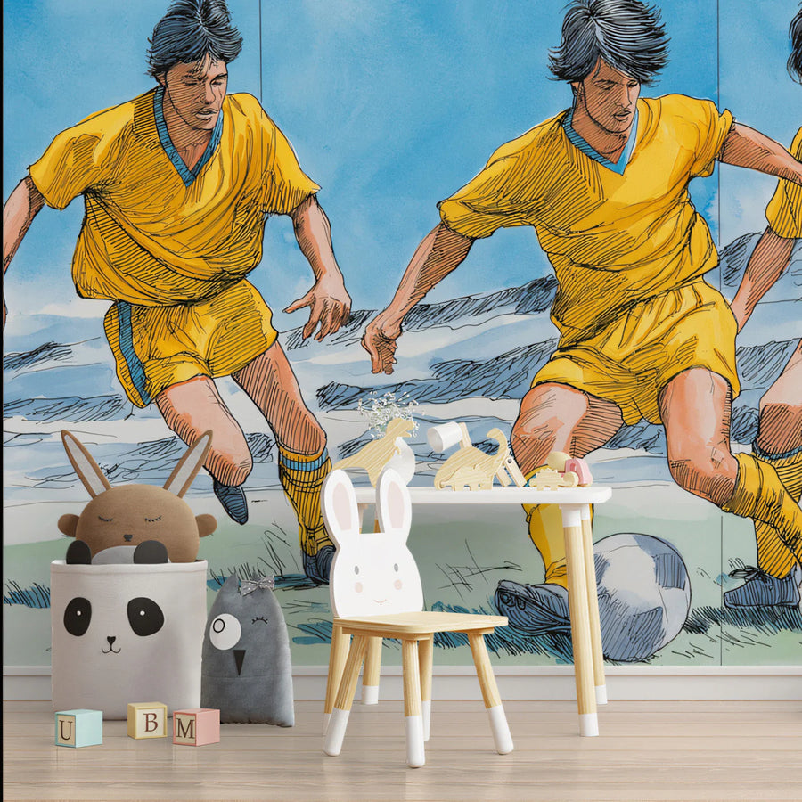 Soccer Match Action Mural Wallpaper — Athletic Sketch Style Mural Wallpaper