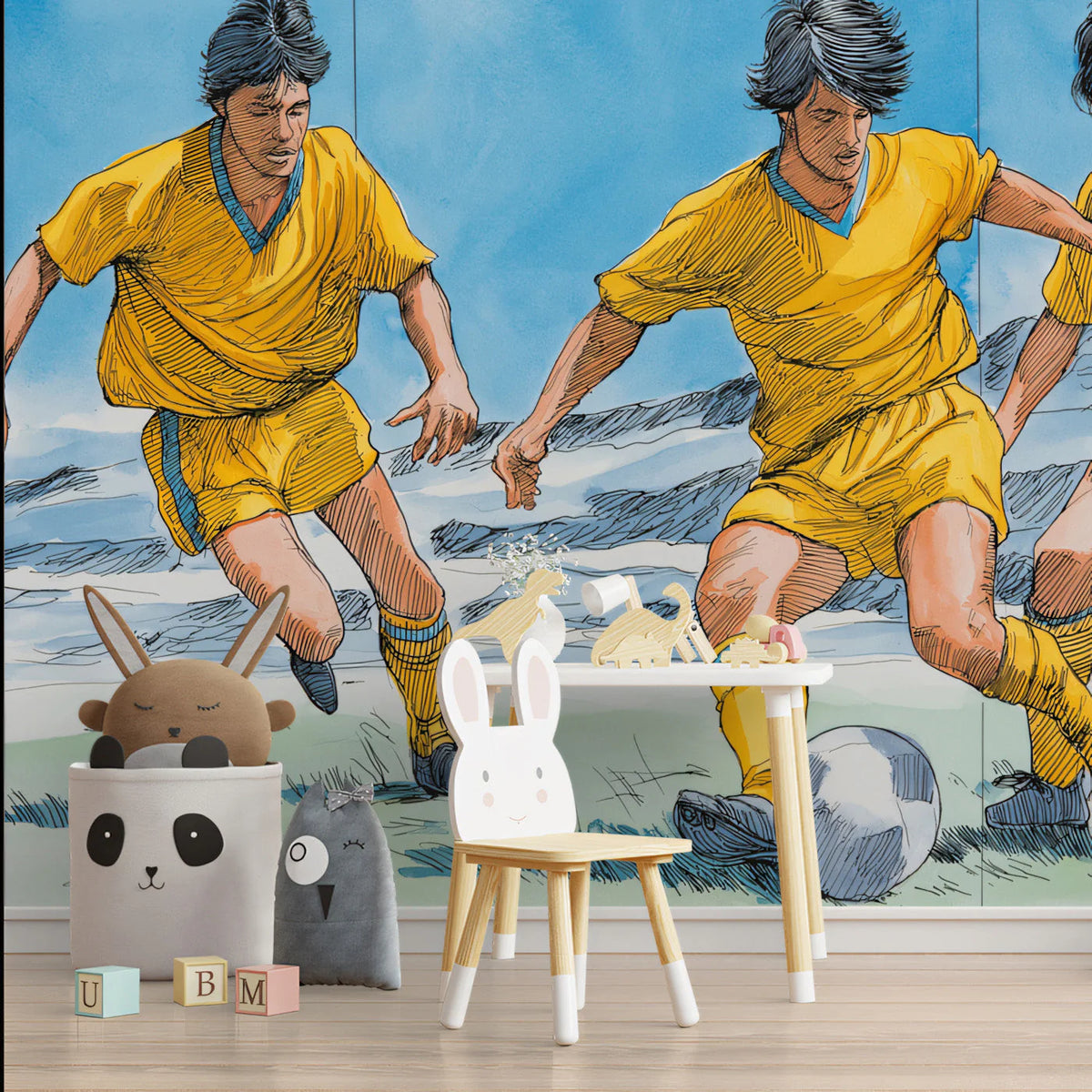 Soccer Match Action Mural Wallpaper — Athletic Sketch Style Mural Wallpaper - pure wallpaper artwork