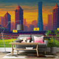 Metropolitan Stadium Skyline Mural Wallpaper in Vibrant Sunset Mural Wallpaper - pure wallpaper artwork