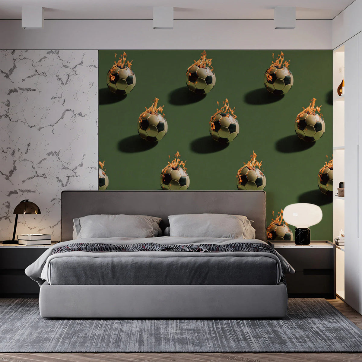 Flaming Soccer Ball Mural Wallpaper in Matte Olive Green Mural Wallpaper - pure wallpaper artwork