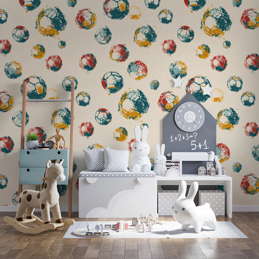 Vintage Soccer Ball Mural Wallpaper in Cream and Primary Tones Mural Wallpaper