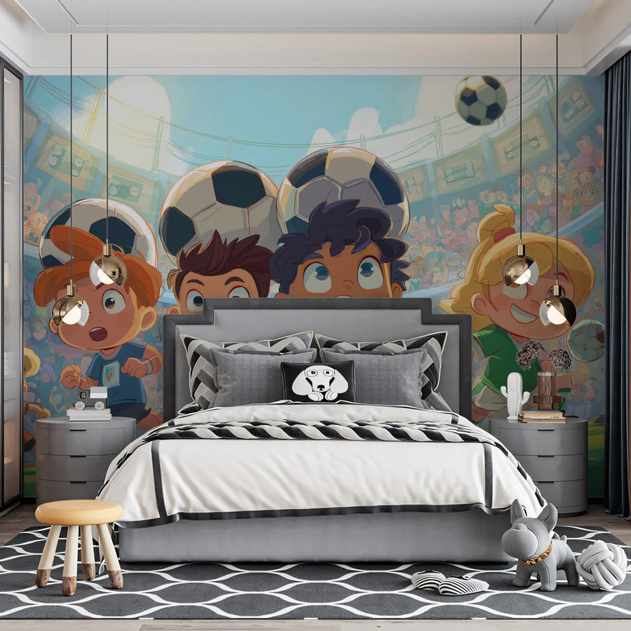 Chibi Soccer Stars Kids Mural Wallpaper — Vibrant Cartoon Sports Scene Mural Wallpaper