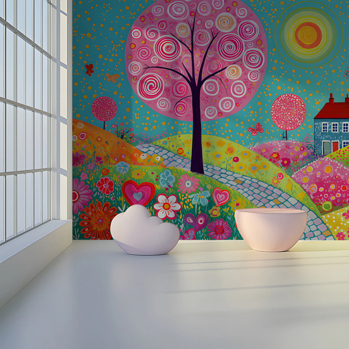 Whimsical Garden Folk Art Mural Wallpaper — Vibrant Colorful Scene Mural Wallpaper - pure wallpaper artwork