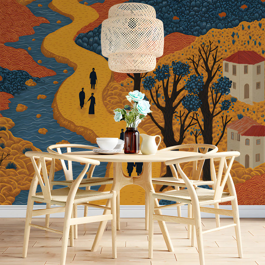 Winding River Village Mural Wallpaper — Folk Art Landscape Mural Wallpaper