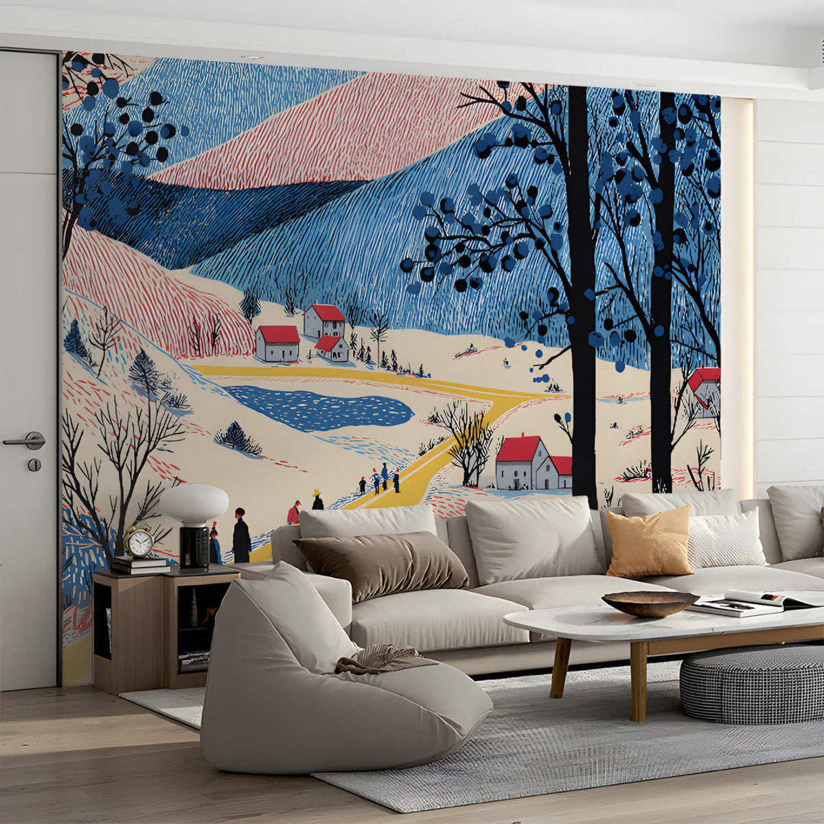 Stroll Through the Valley Mural Wallpaper — Artistic Folk Scene Mural Wallpaper - pure wallpaper artwork