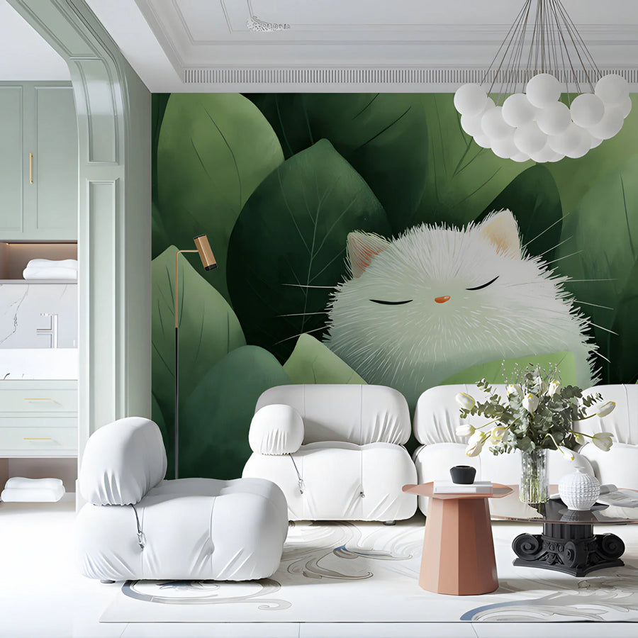 Sleeping White Cat in Green Foliage Mural Wallpaper