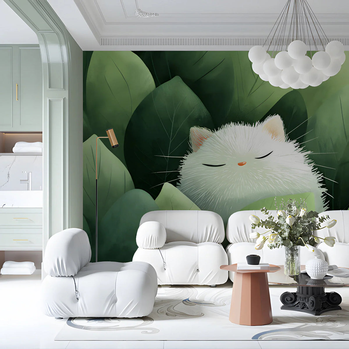 Sleeping White Cat in Green Foliage Mural Wallpaper - pure wallpaper artwork