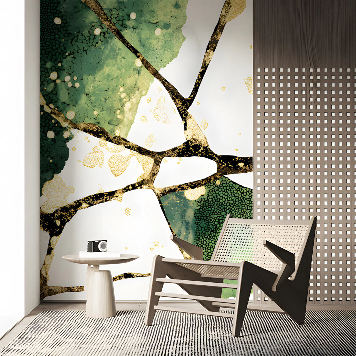 Kintsugi Forest Mural Wallpaper with Gold and Deep Green Mural Wallpaper - pure wallpaper artwork