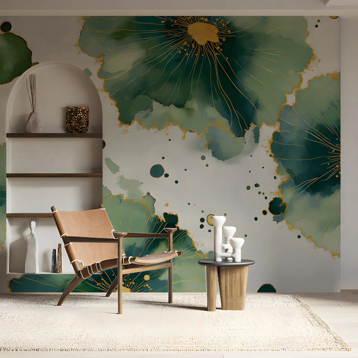 Emerald Bloom Abstract Mural Wallpaper with Gilded Accents Mural Wallpaper - pure wallpaper artwork