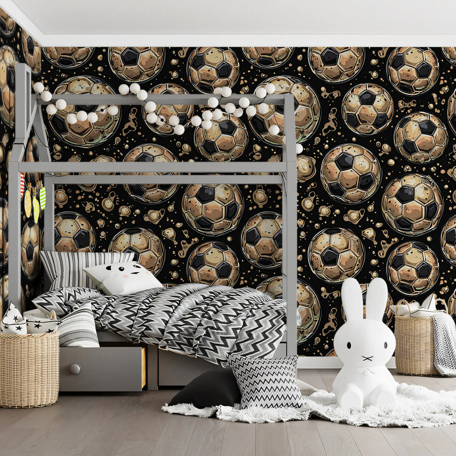 Vintage Soccer Ball Pattern Mural Wallpaper in Black and Gold Mural Wallpaper
