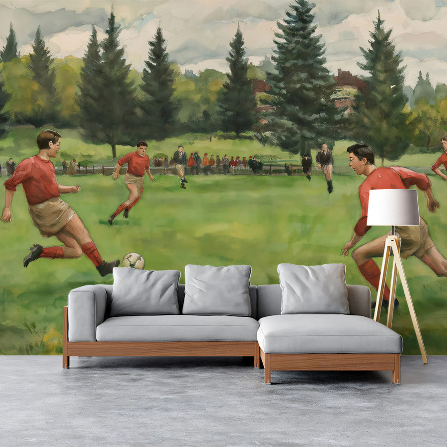 Vintage Soccer Match Mural Wallpaper — Artistic Sporting Scene Mural Wallpaper