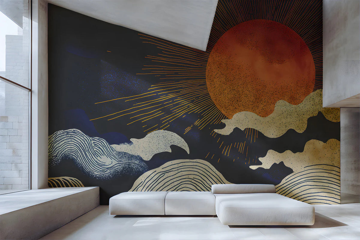 Solar Waves Mural Wallpaper — Japanese Inspired Celestial Art Mural Wallpaper - pure wallpaper artwork