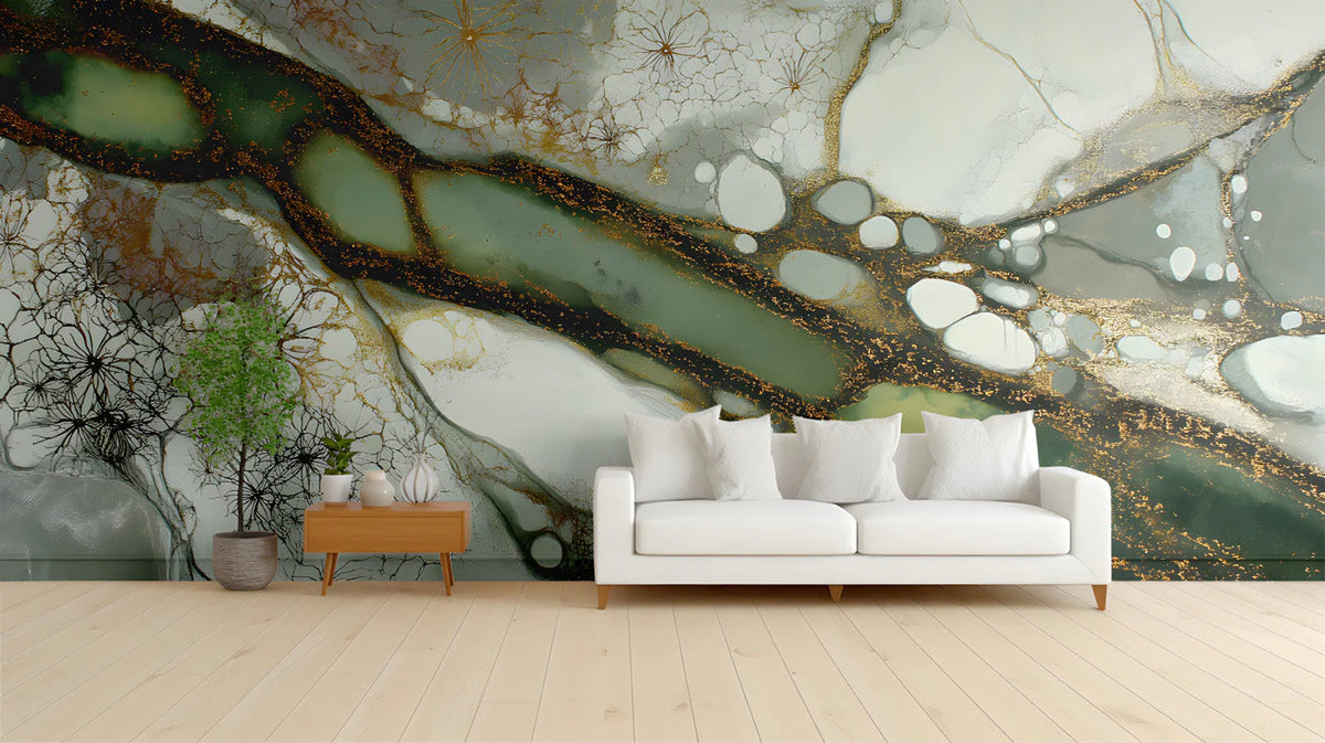 Ethereal Moss and Gold Fluid Art Mural Wallpaper - pure wallpaper artwork