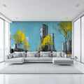 Urban Sketch Cityscape Mural Wallpaper with Vibrant Yellow Trees Mural Wallpaper - pure wallpaper artwork