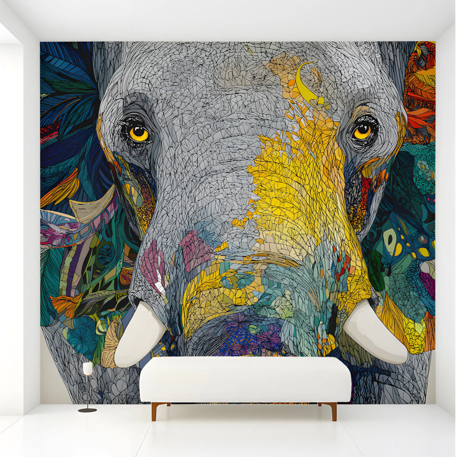 Mosaic Elephant Mural Wallpaper — Vibrant Animal Art Mural Wallpaper