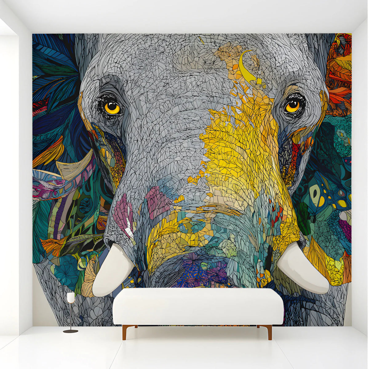 Mosaic Elephant Mural Wallpaper — Vibrant Animal Art Mural Wallpaper - pure wallpaper artwork