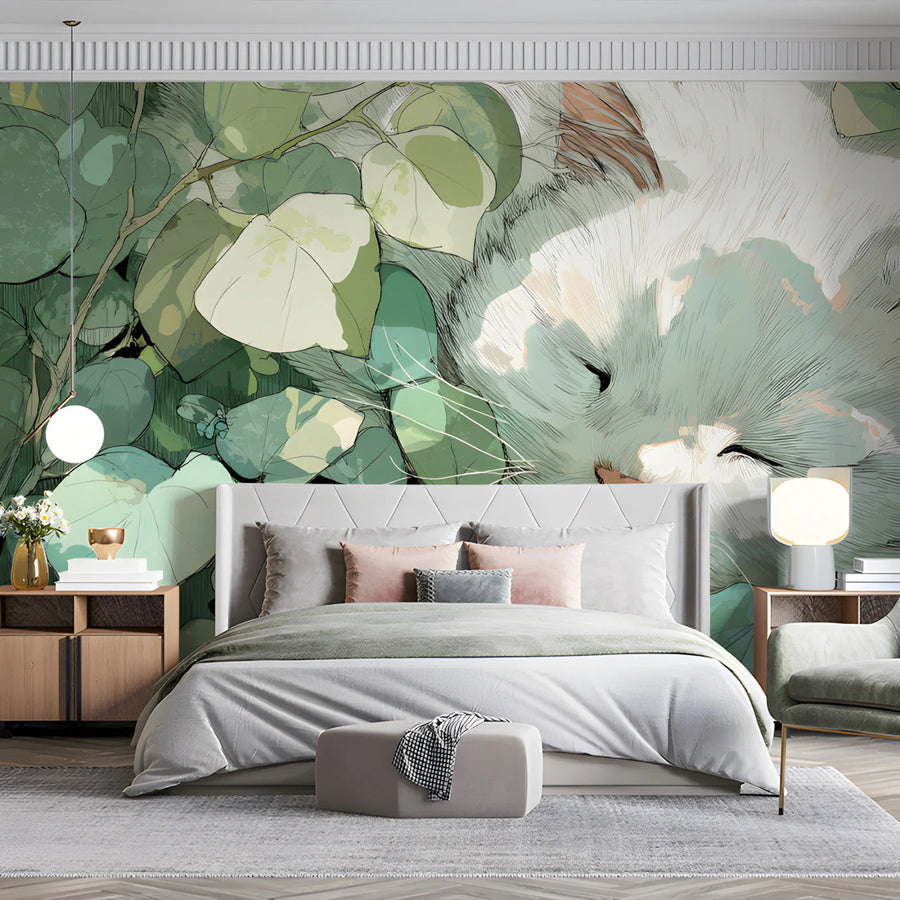 Sleeping Cat in Garden Mural Wallpaper — Whimsical Illustration Mural Wallpaper