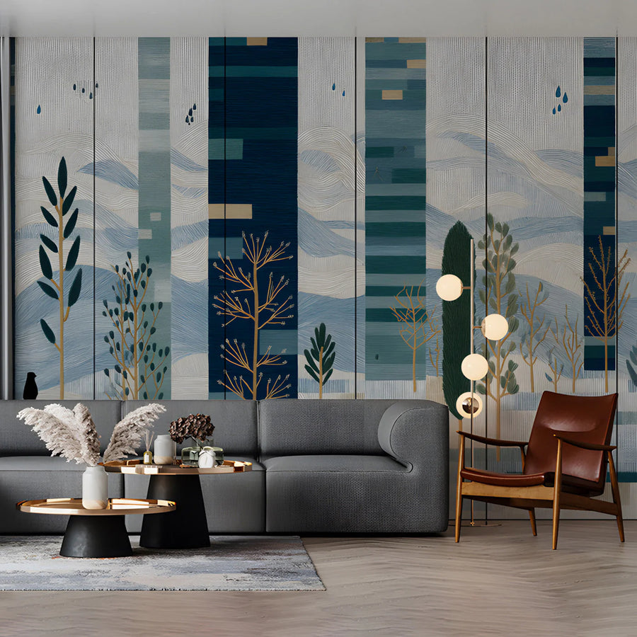 Abstract Geometric Forest Mural Wallpaper in Blue and Ochre Mural Wallpaper
