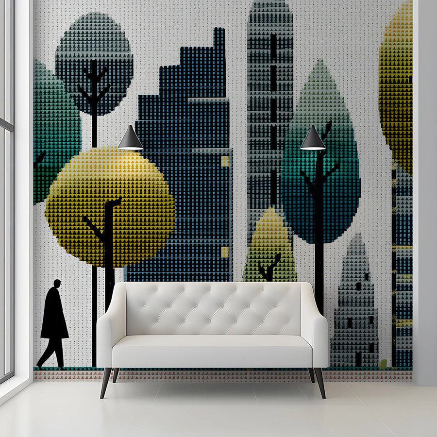 Pixelated Cityscape Mural Wallpaper — Modern Urban Abstract Mural Wallpaper