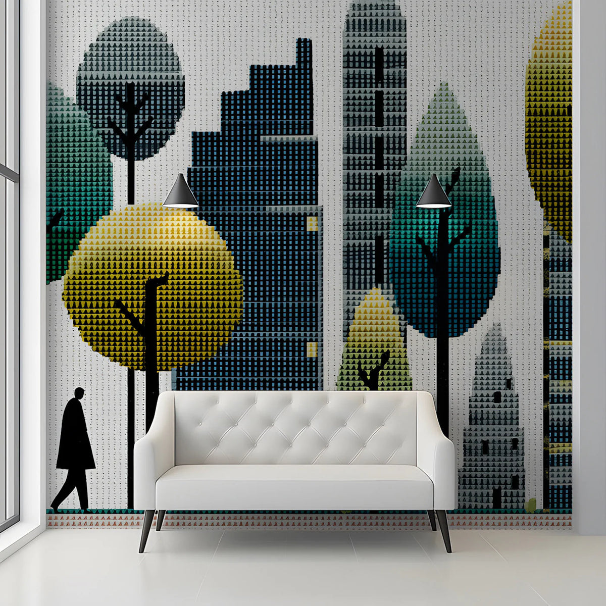 Pixelated Cityscape Mural Wallpaper — Modern Urban Abstract Mural Wallpaper - pure wallpaper artwork