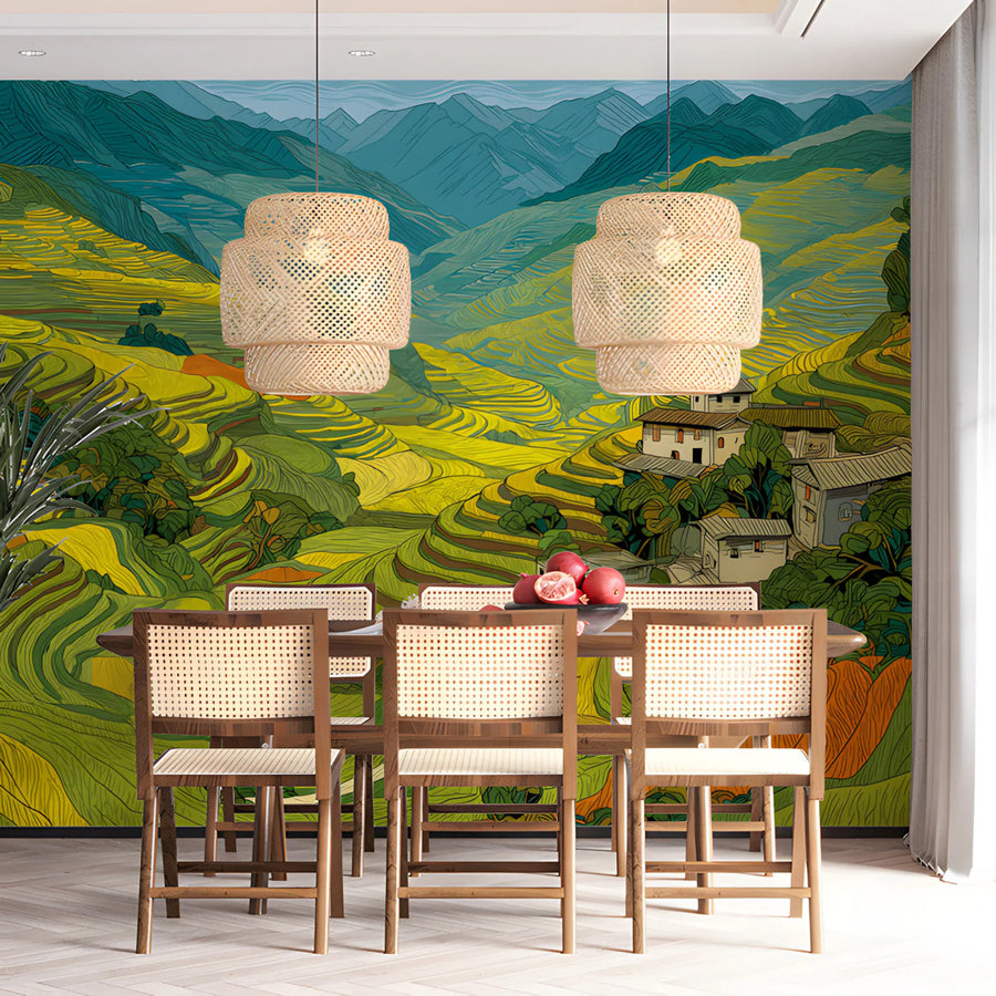Terraced Mountain Valley Mural Wallpaper — Hand-Drawn Landscape Mural Wallpaper