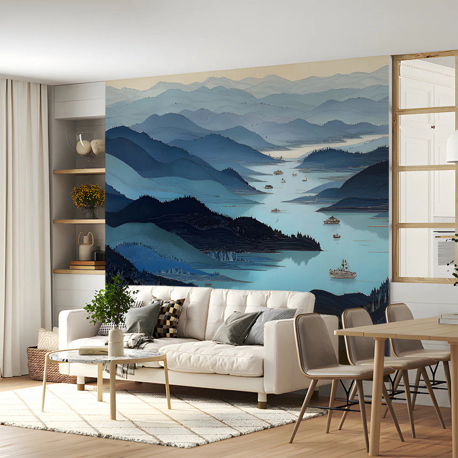 Blue Mountain Landscape Mural Wallpaper in Ink Wash Style Mural Wallpaper
