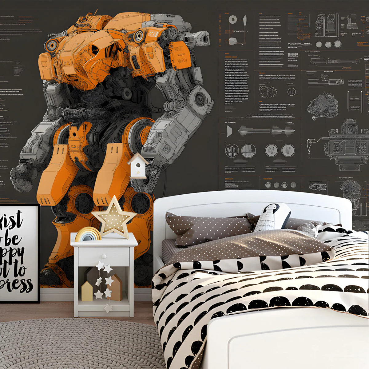 Industrial Mecha Blueprint Mural Wallpaper in Charcoal and Orange Mural Wallpaper - pure wallpaper artwork