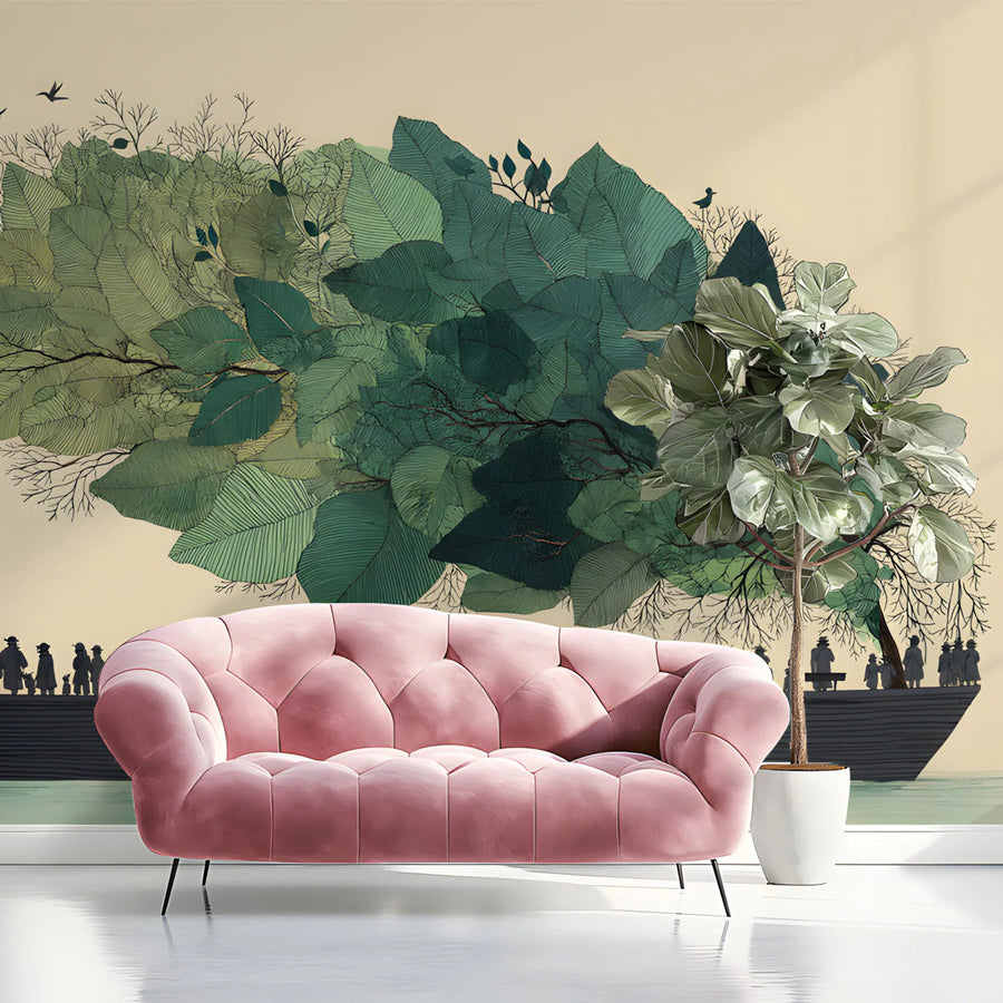 Floating Forest Mural Wallpaper — Whimsical Artistic Illustration Mural Wallpaper