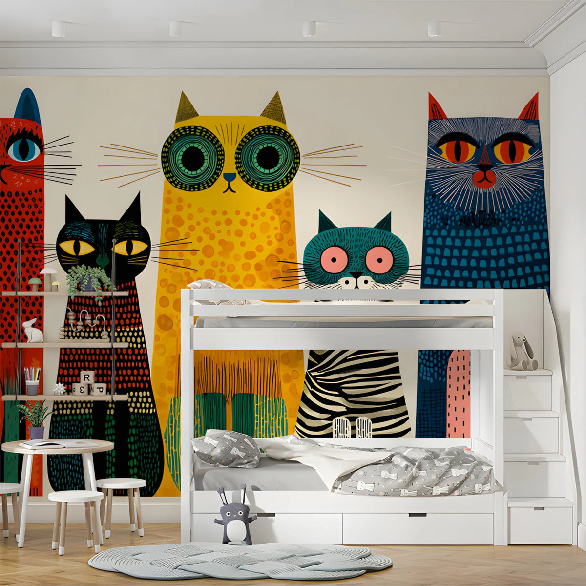 Mid-Century Whimsical Cat Mural Wallpaper — Playful Illustration Mural Wallpaper - pure wallpaper artwork