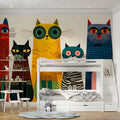 Mid-Century Whimsical Cat Mural Wallpaper — Playful Illustration Mural Wallpaper - pure wallpaper artwork