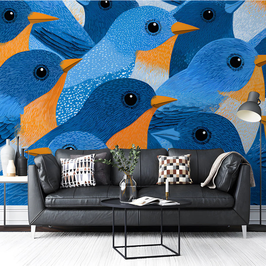Bluebird Flock Mural Wallpaper — Artistic Whimsical Illustration Mural Wallpaper