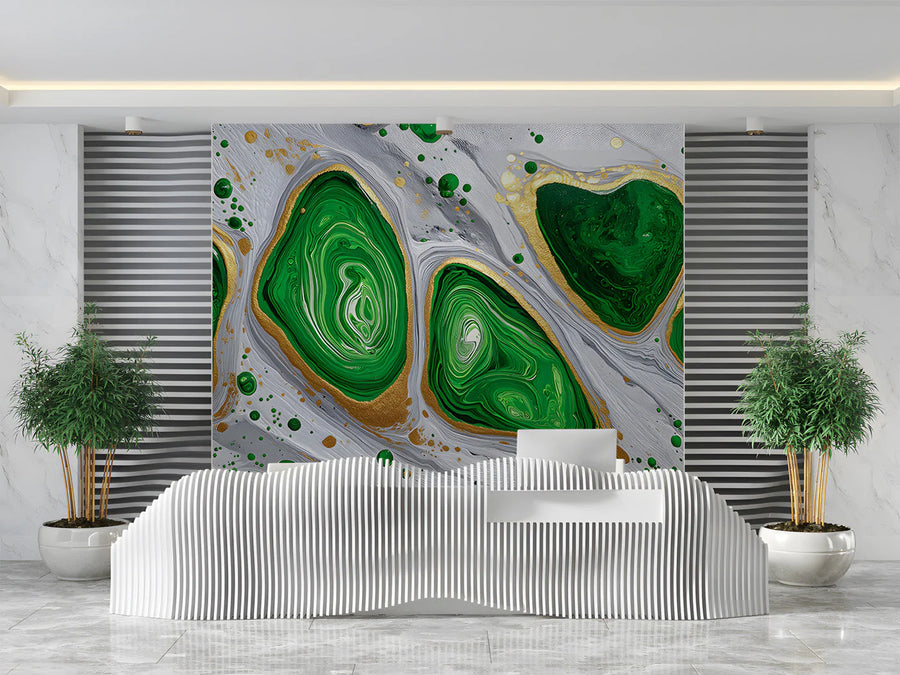 Malachite Fluid Pour Mural Wallpaper —Modern Abstract Gold Accents Mural Wallpaper
