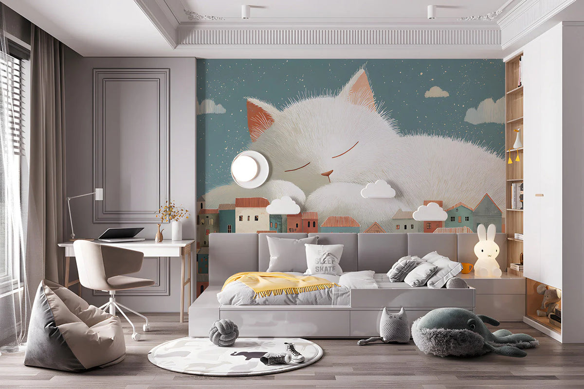 Sleeping Giant Cat Mural Wallpaper — Whimsical Town Scene Mural Wallpaper - pure wallpaper artwork